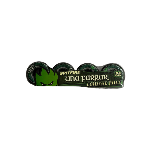 A pack of four green and black Spitfire wheels on a white background.