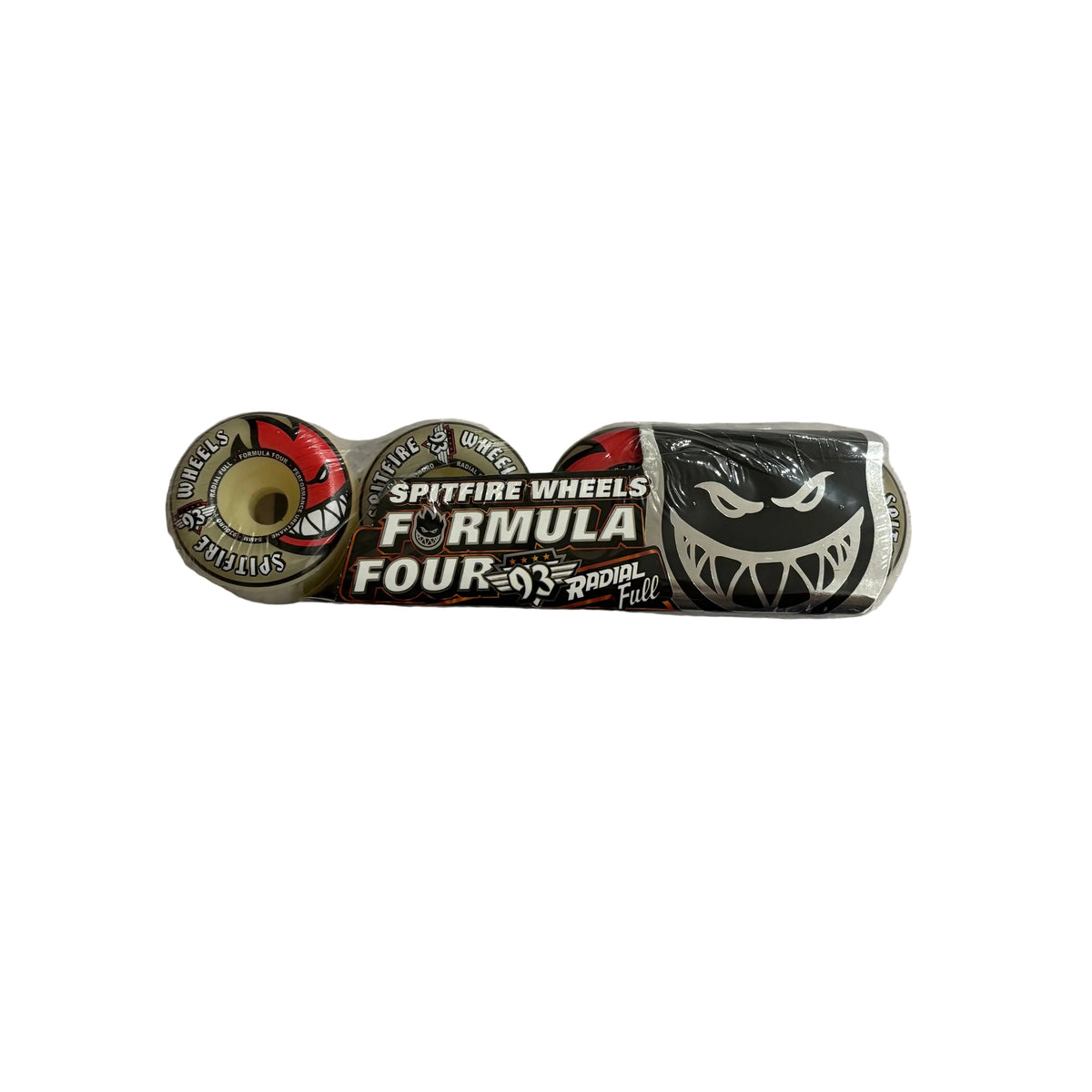 A set of Spitfire Wheels Formula Four 93s skateboard wheels with a black and red cardboard sleeve featuring a stylized black face graphic, placed on a textured white surface.