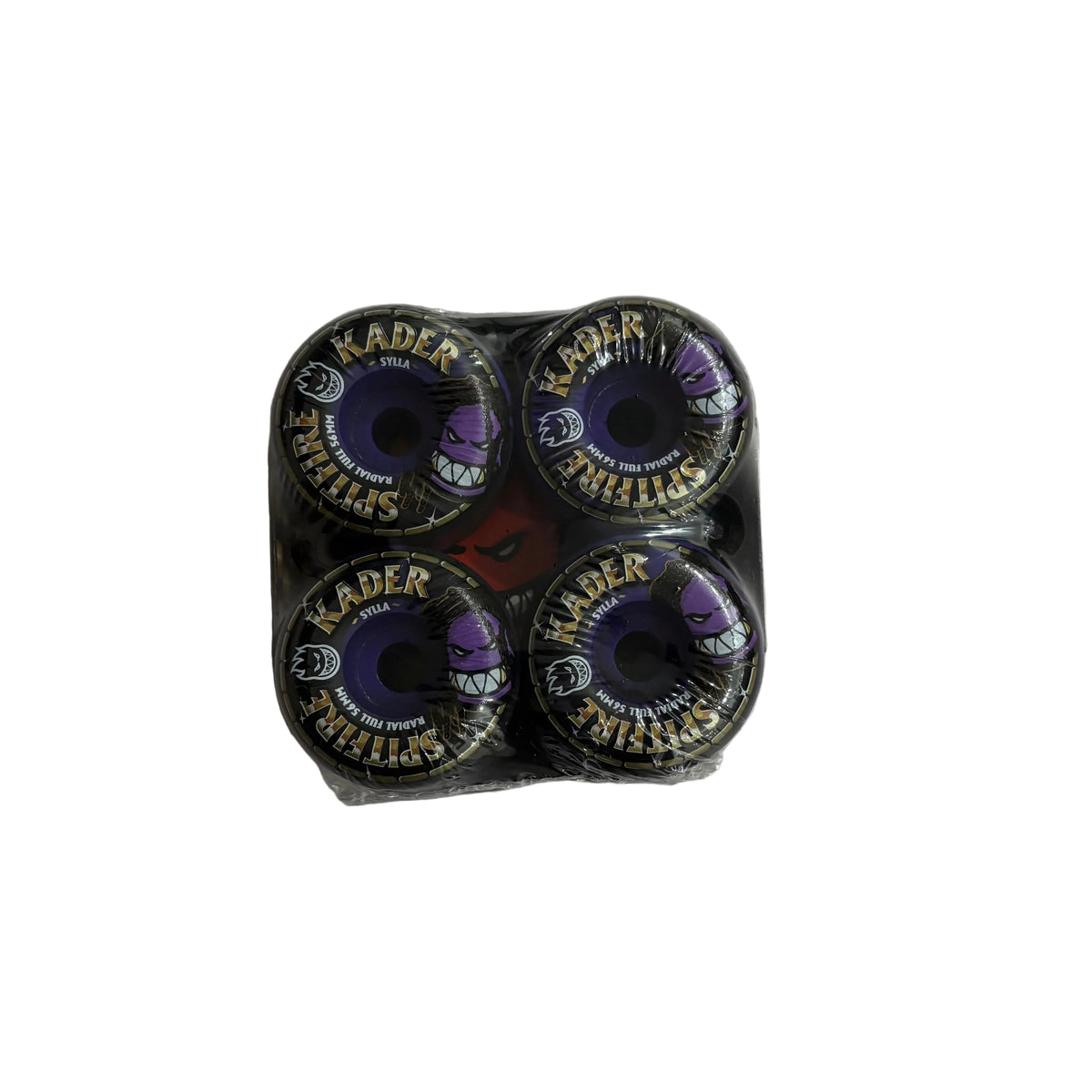 A set of four Kader skateboard wheels in a black plastic tray, featuring purple and white graphics with gold lettering, placed on a white surface.