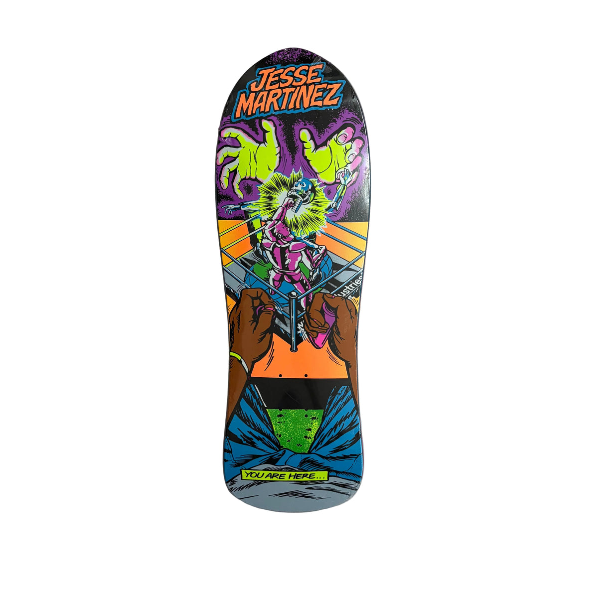 A Jesse Martinez skate deck with a highly colorful comic-style graphic featuring a character in a ring, purple hands, and blue legs, displayed flat on a white surface