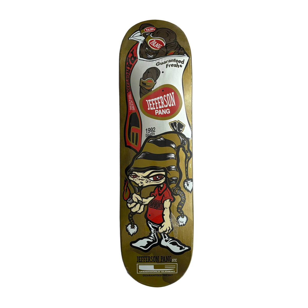 Jefferson Pang 'Guaranteed Fresh' skateboard deck featuring a gold base with a detailed cartoon illustration of a character in a striped beanie and red shirt, alongside red and white graphic elements.