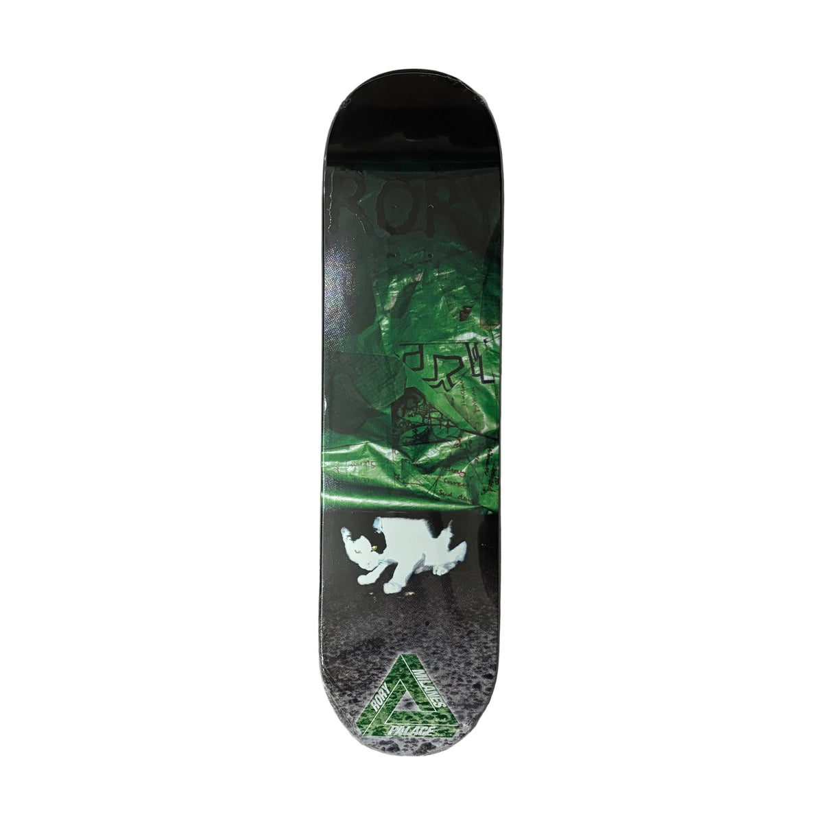 A skateboard deck with a green and black graphic design and a white cat logo, displayed vertically on a white surface.