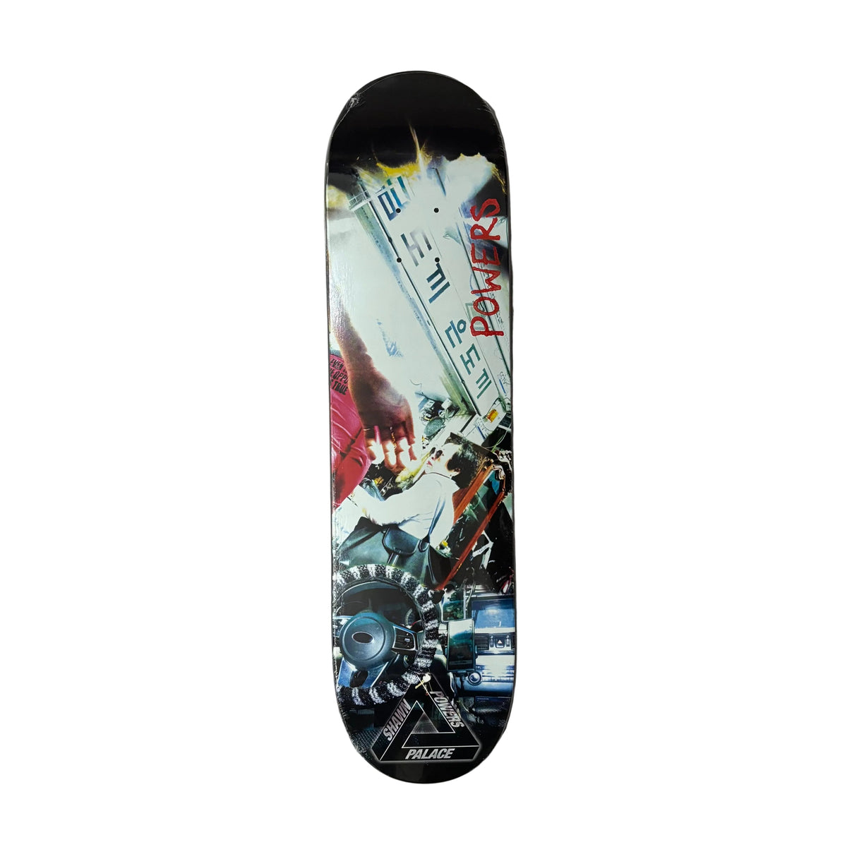 A single skateboard deck with a complex collage graphic design, featuring the Palace brand logo at the bottom, photographed flat on a white surface.