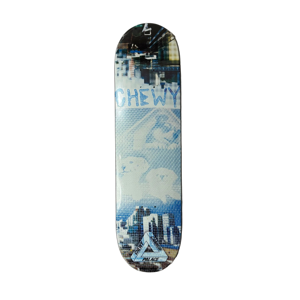 A skateboard deck with a blue and white graphic design featuring the word 'CHEWY' and a triangular logo, displayed vertically on a white surface.