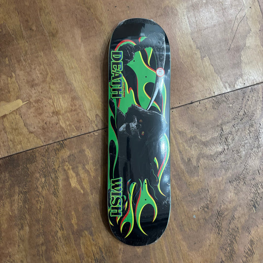grim reaper on black skateboard deck with green flames