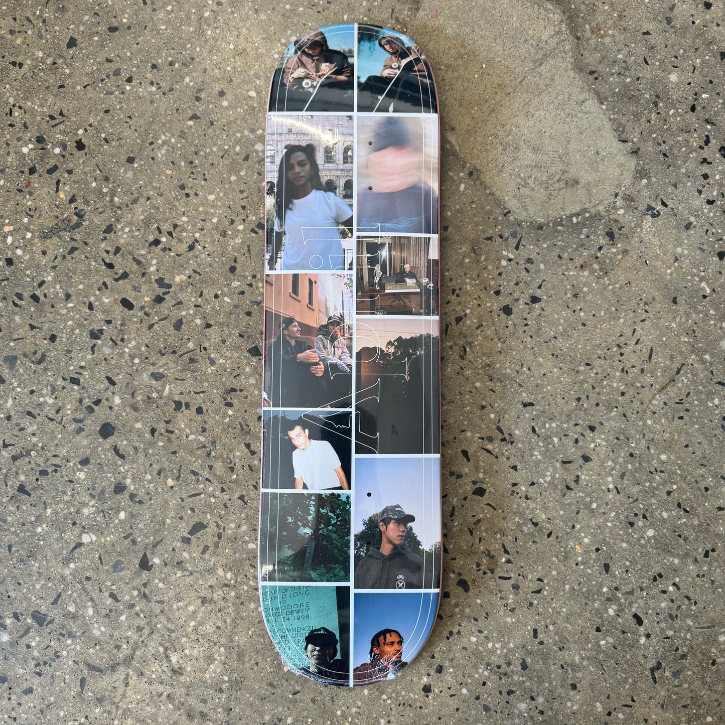 skateboard deck with a photo collage with white outlining and text