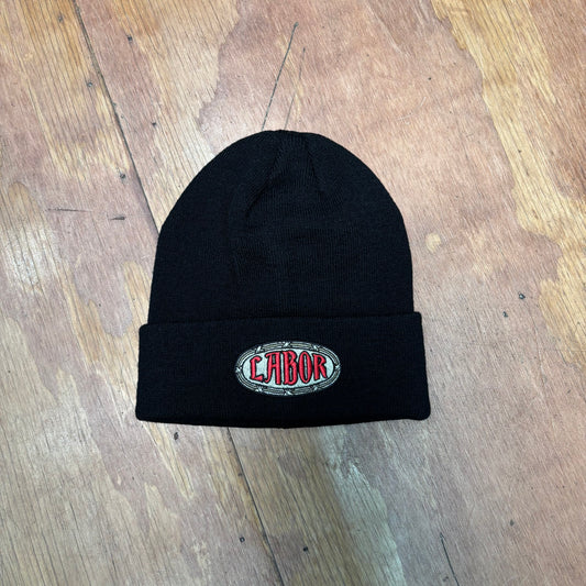 black acrylic beanie with embroidery
