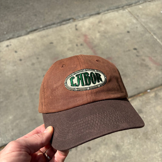 two tone brown waxed canvas cap with LABOR embroidery