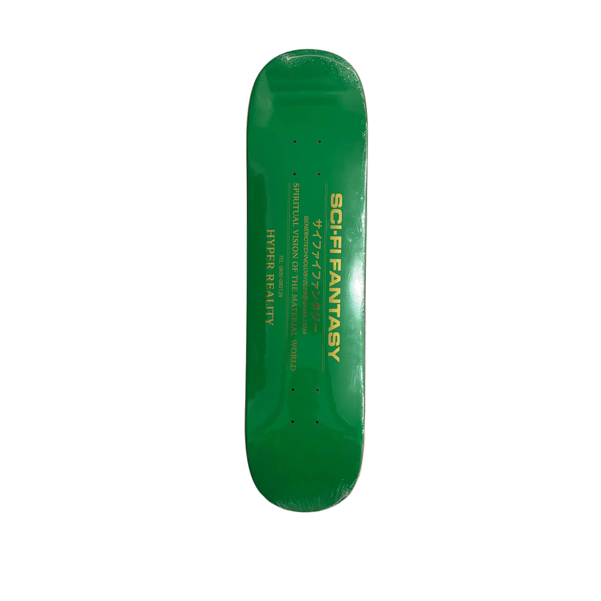 A green skateboard deck with yellow text reading 'SCIFI FANTASY' and smaller text below, photographed from above on a white surface.