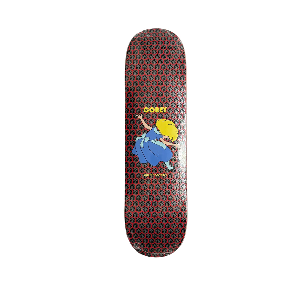 A skateboard deck featuring a red and black geometric pattern with a central illustration of Alice in a blue dress and yellow hair, with the name COREY printed above. The deck is photographed flat on a white surface.