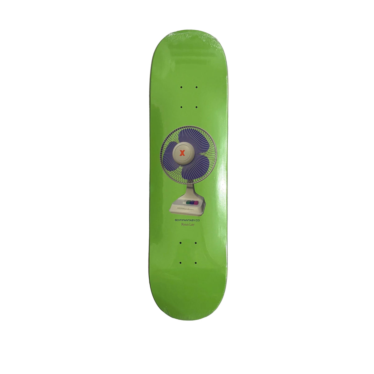 A bright lime green skateboard deck featuring a retro desk fan graphic in purple, blue, and white, displayed flat on a white surface.