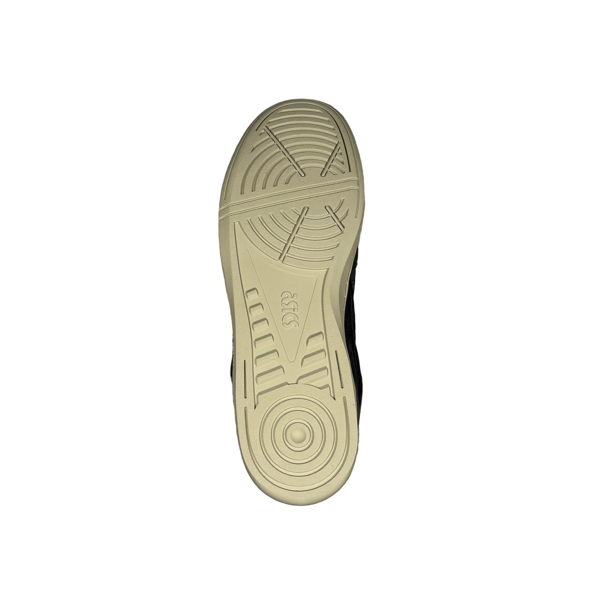 A top-down view of a shoe sole, showing a thick cream-colored rubber outsole with textured tread patterns, set against a white background.