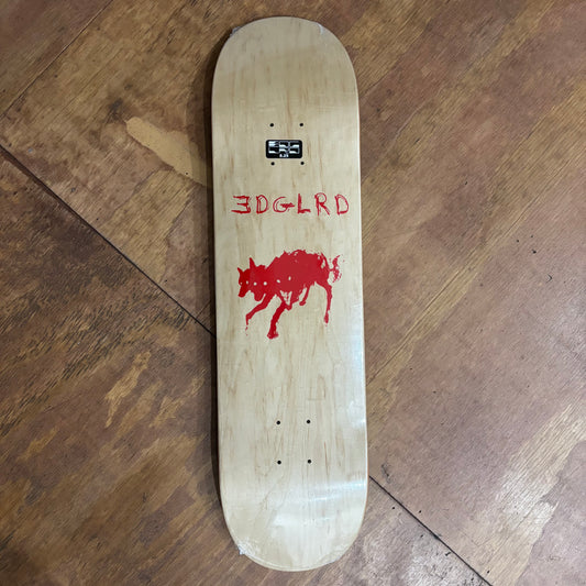 natural woodgrain deck with red three headed wolf printed in the middle