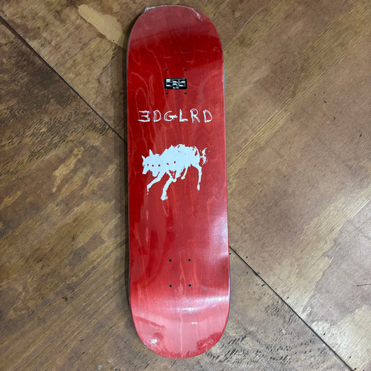 red woodgrain deck with white three headed wolf printed in the middle
