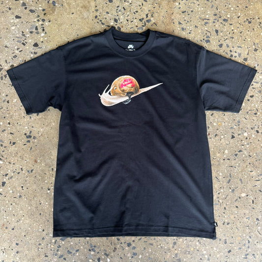 black t shirt with a snail in the shape of a nike logo in the center