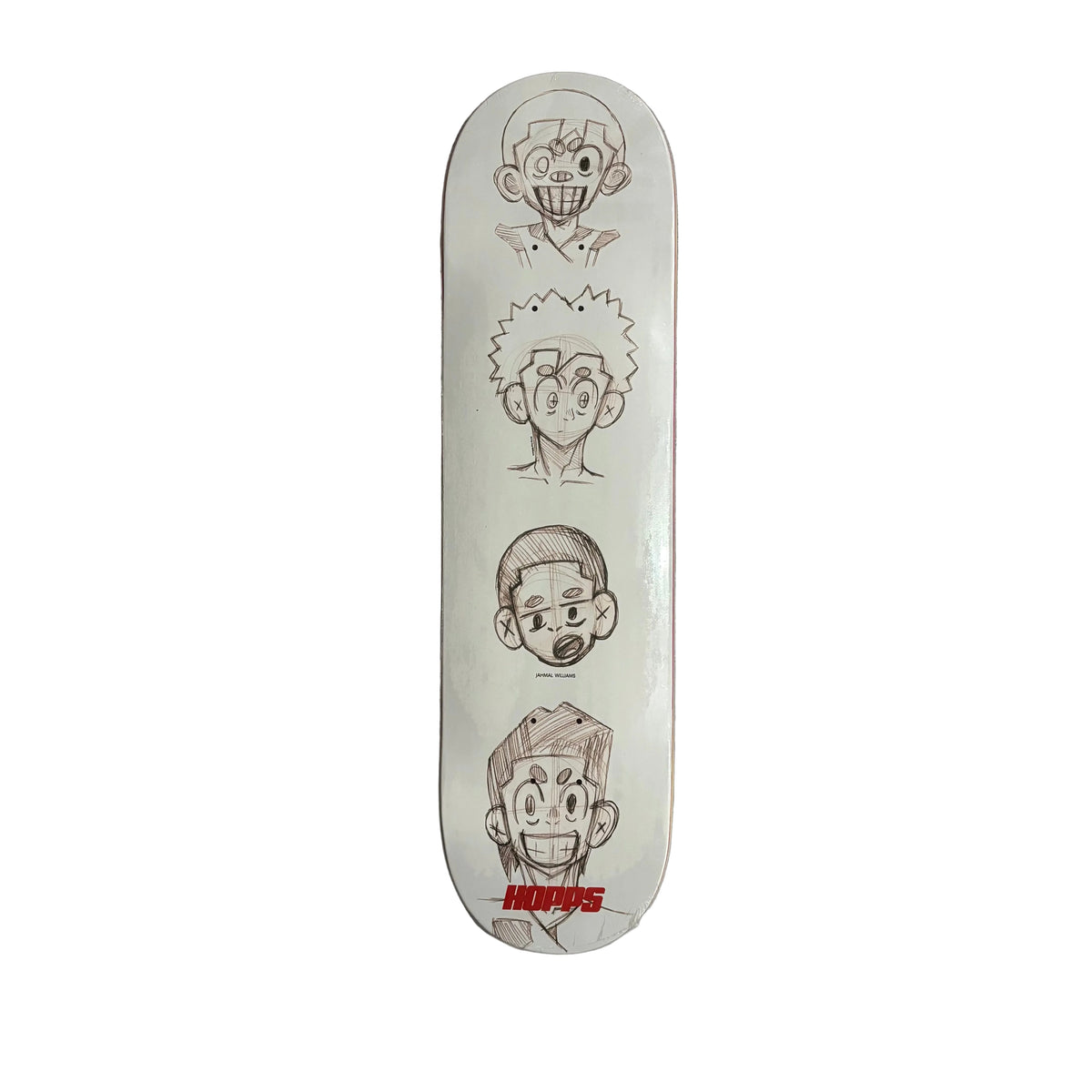 A white skateboard deck featuring hand-drawn character faces in black ink, with a red 'HONPPS' logo at the bottom, displayed on a white surface.