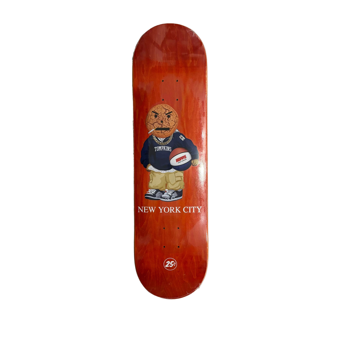 A skateboard deck with a glossy orange-red wood finish, featuring a cartoon character wearing a navy blue 'Tompkins' jersey and holding a football, with 'NEW YORK CITY' printed below. The deck is displayed vertically on a white background.