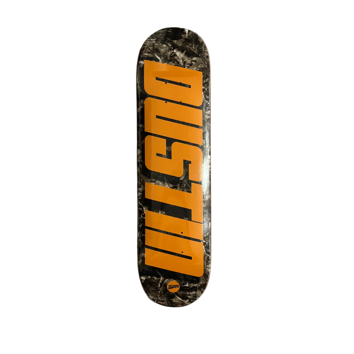 A skateboard deck with a black and gray marble pattern, featuring the word 'DUSTIN' in bold orange letters, photographed flat on a white surface.