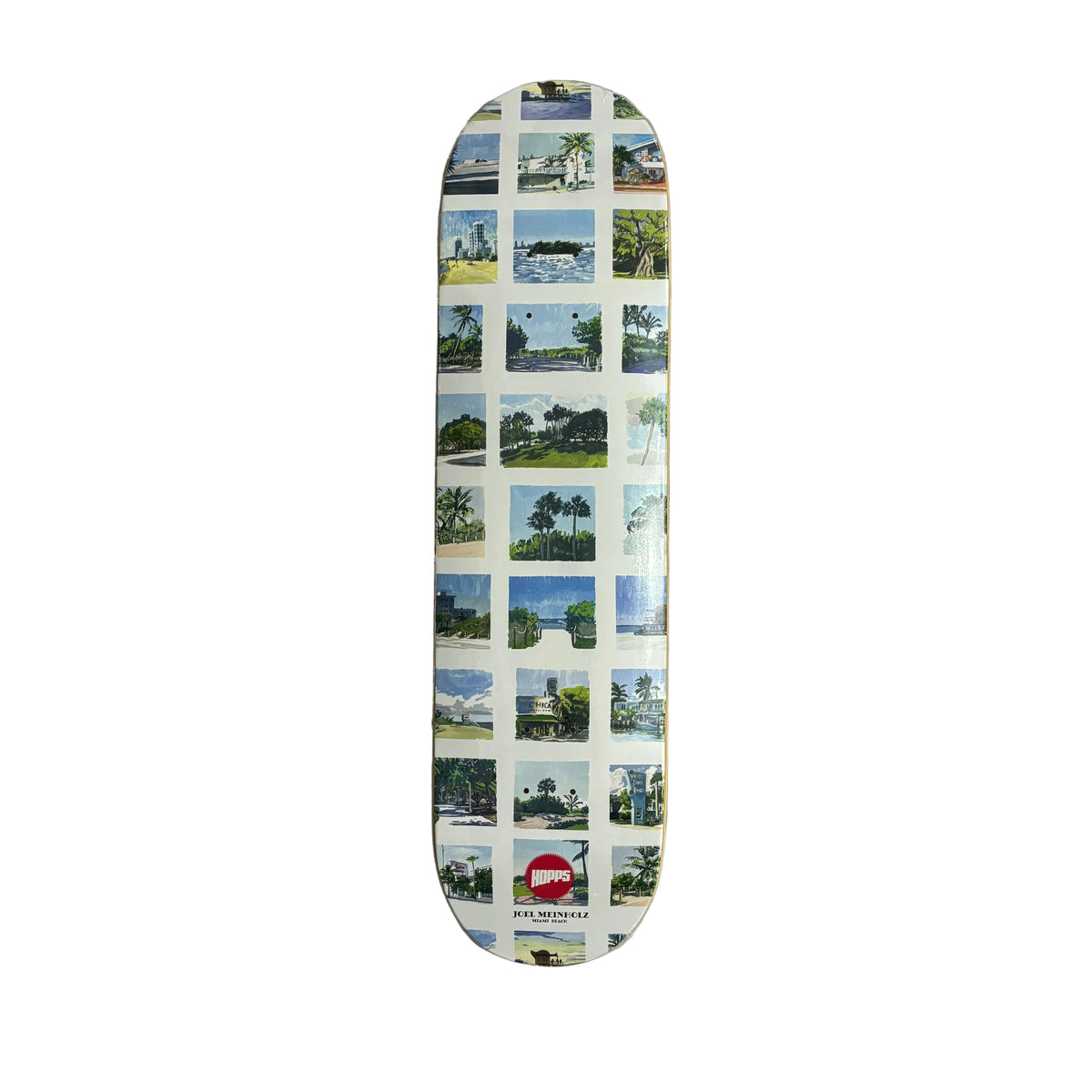 A skateboard deck featuring a collage of tropical beach and palm tree photographs, displayed on a white background.
