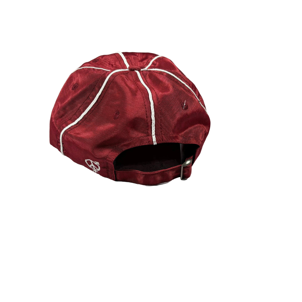 A red baseball cap with white contrast stitching, shown from the back on a white surface.