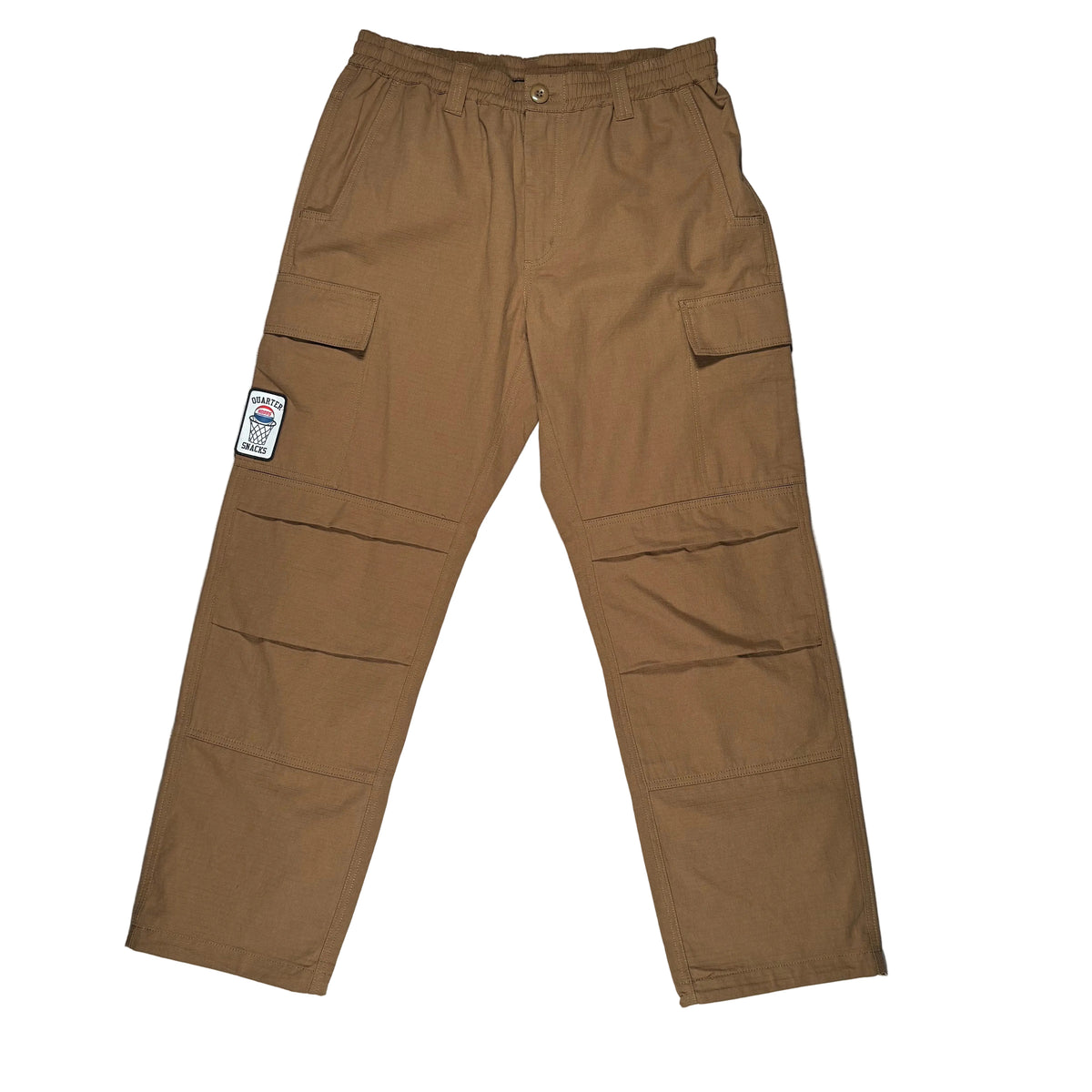 A pair of brown cargo pants laid flat on a white surface. The pants feature multiple cargo pockets and a small rectangular brand patch on the left leg.