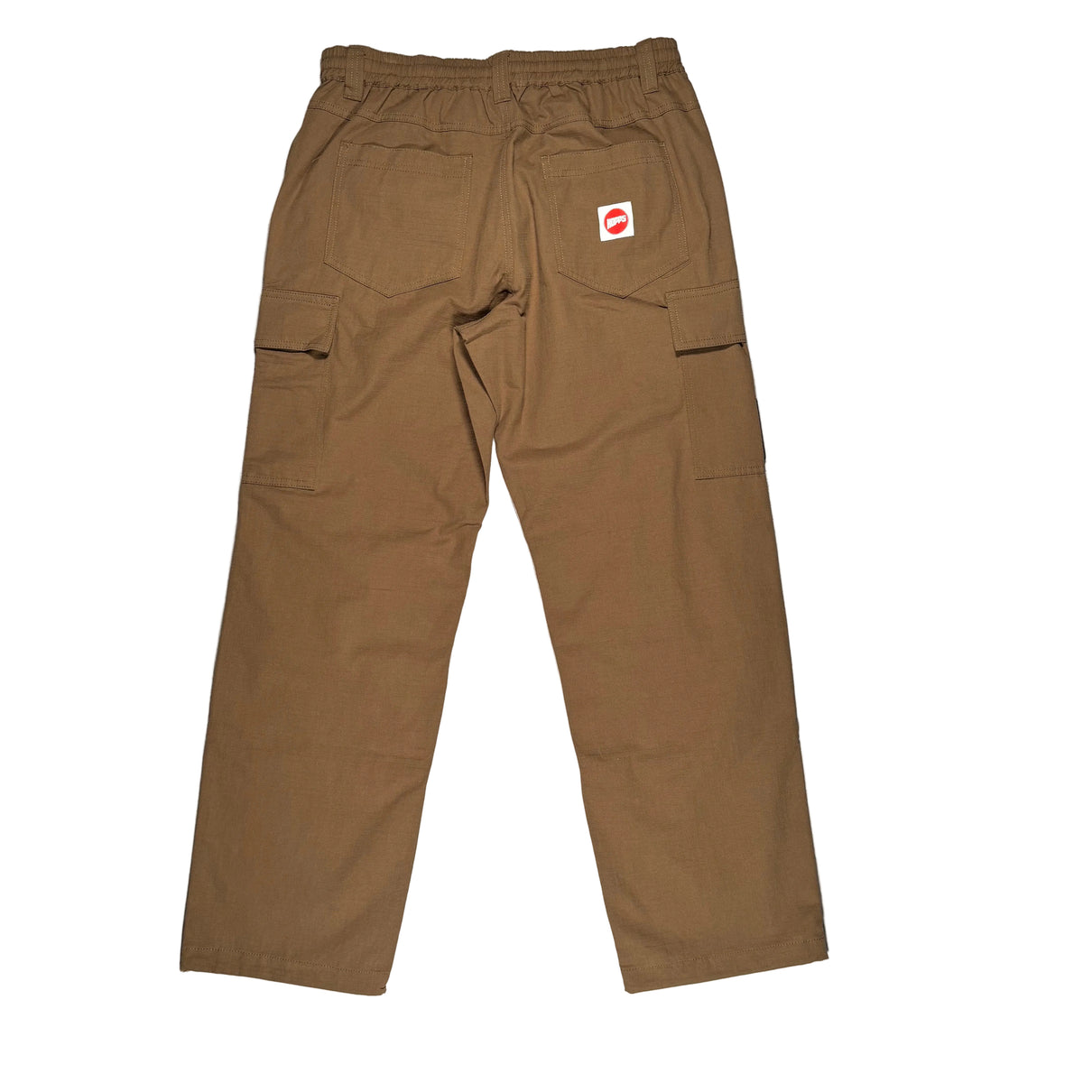 A pair of brown cargo pants laid flat on a white surface, showing the back pockets and a small red and white logo patch on the upper right hip. 