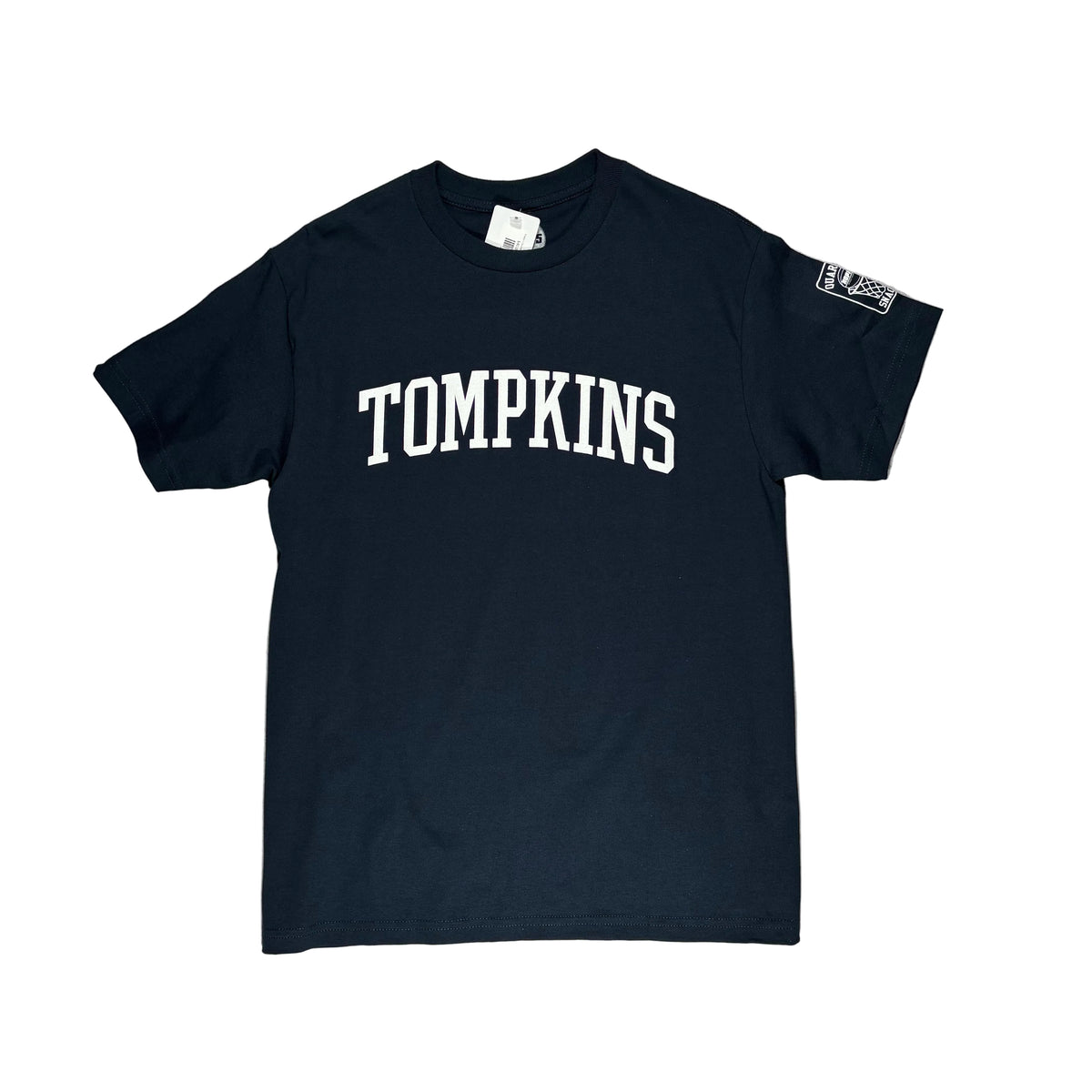 A navy blue short-sleeve t-shirt with 'TOMPKINS' printed in white arched block letters across the chest, laid flat on a white surface.
