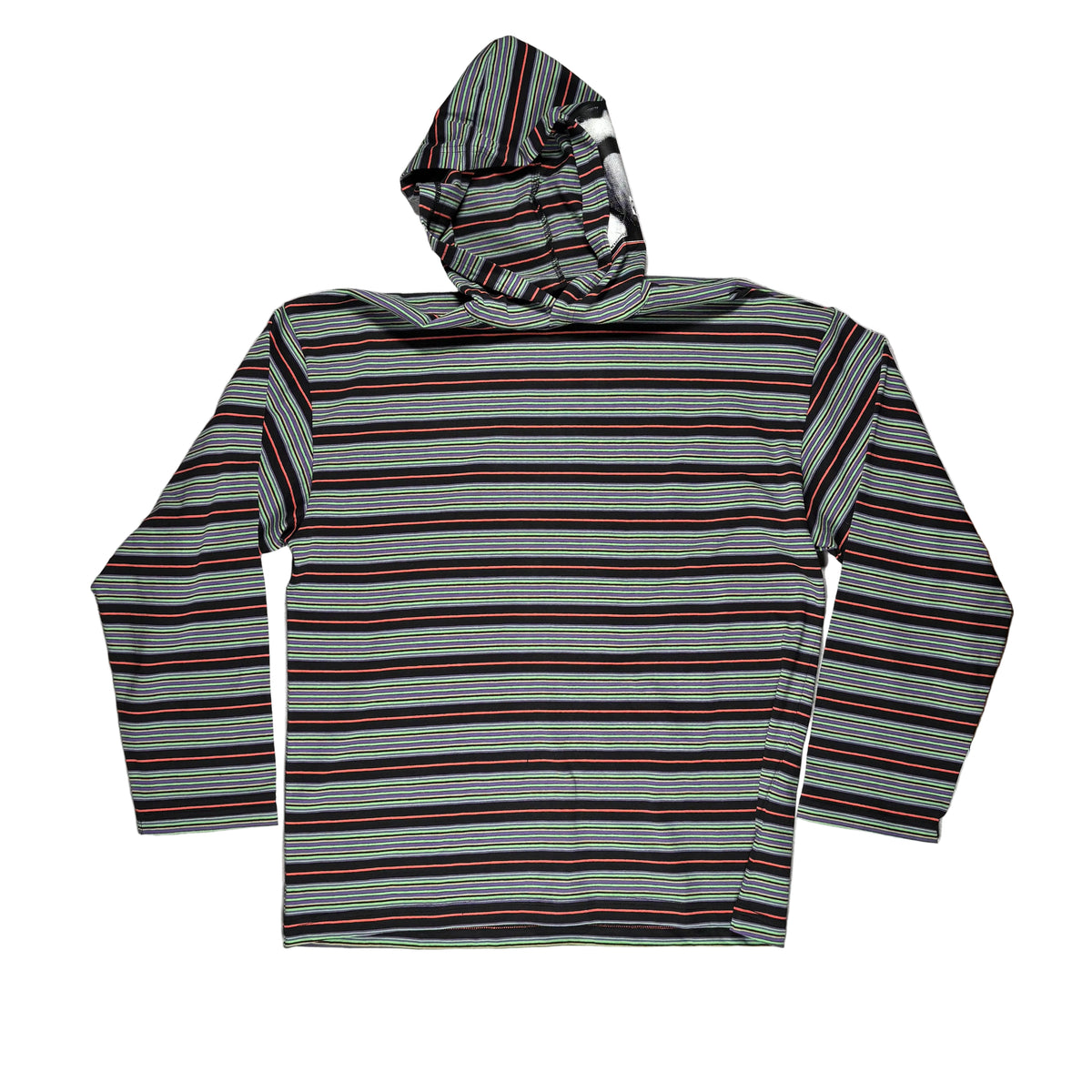 A hooded long-sleeve shirt with horizontal stripes in gray, black, and red, laid flat on a white surface.