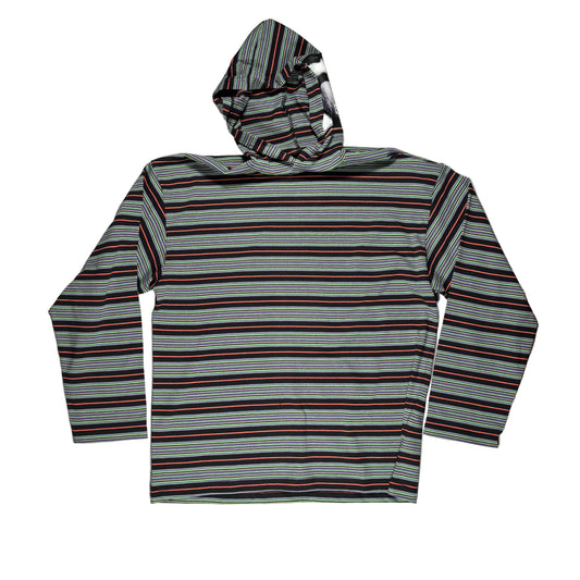 A hooded long-sleeve shirt with horizontal stripes in gray, black, and red, laid flat on a white surface.