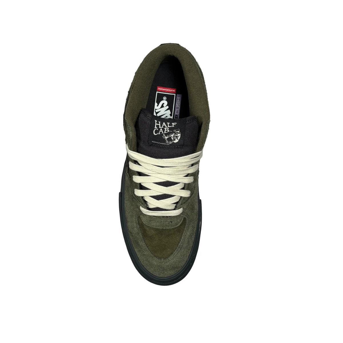 A top-down view of a Half-Cab Vans skateboard shoe in olive green suede and black canvas, featuring off-white laces, set against a white background.