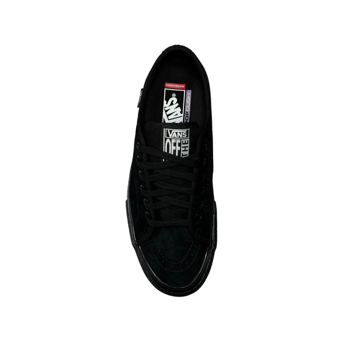 A single black Vans sneaker shown from a top-down view on a white surface. The shoe features black laces, a black rubber sole, and the signature Off 
The Wall logo patch on the tongue.
