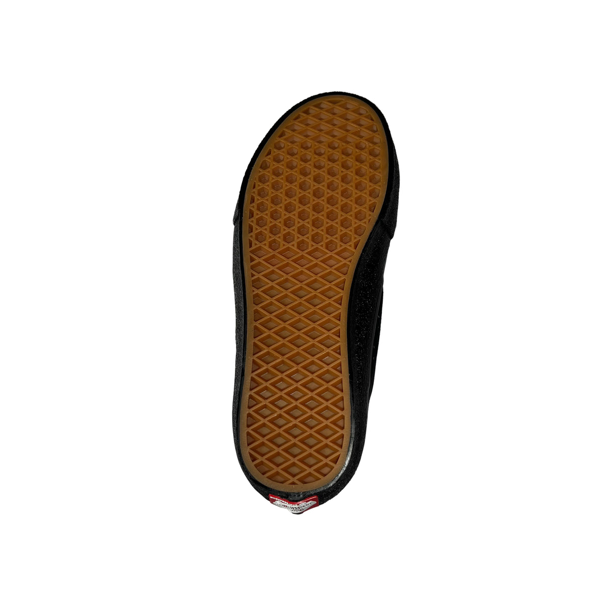 A single Vans shoe shown from the bottom, displaying its classic brown waffle-patterned rubber outsole and black side profile, set against a white background.