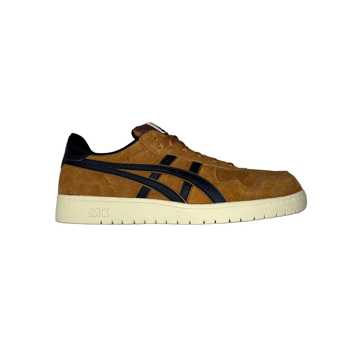 A single Asics sneaker in brown suede with navy blue stripes and a cream-colored sole, photographed from the side against a white background.
