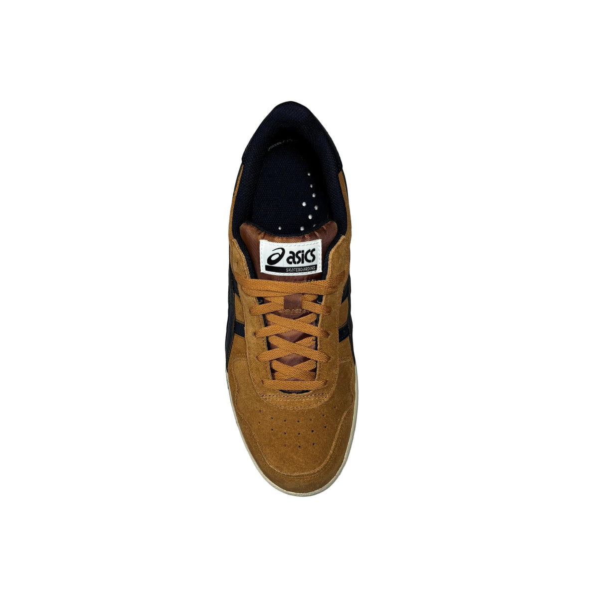 A single Asics sneaker in a tan suede and navy blue leather, viewed from directly above on a white surface.