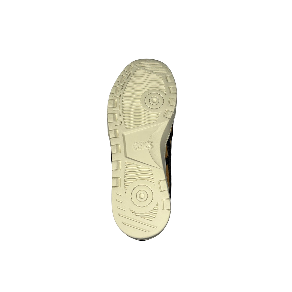 The outsole of a sneaker in a light cream color, showing the tread pattern and embossed 'asics' logo, photographed from a top-down view on a white background.