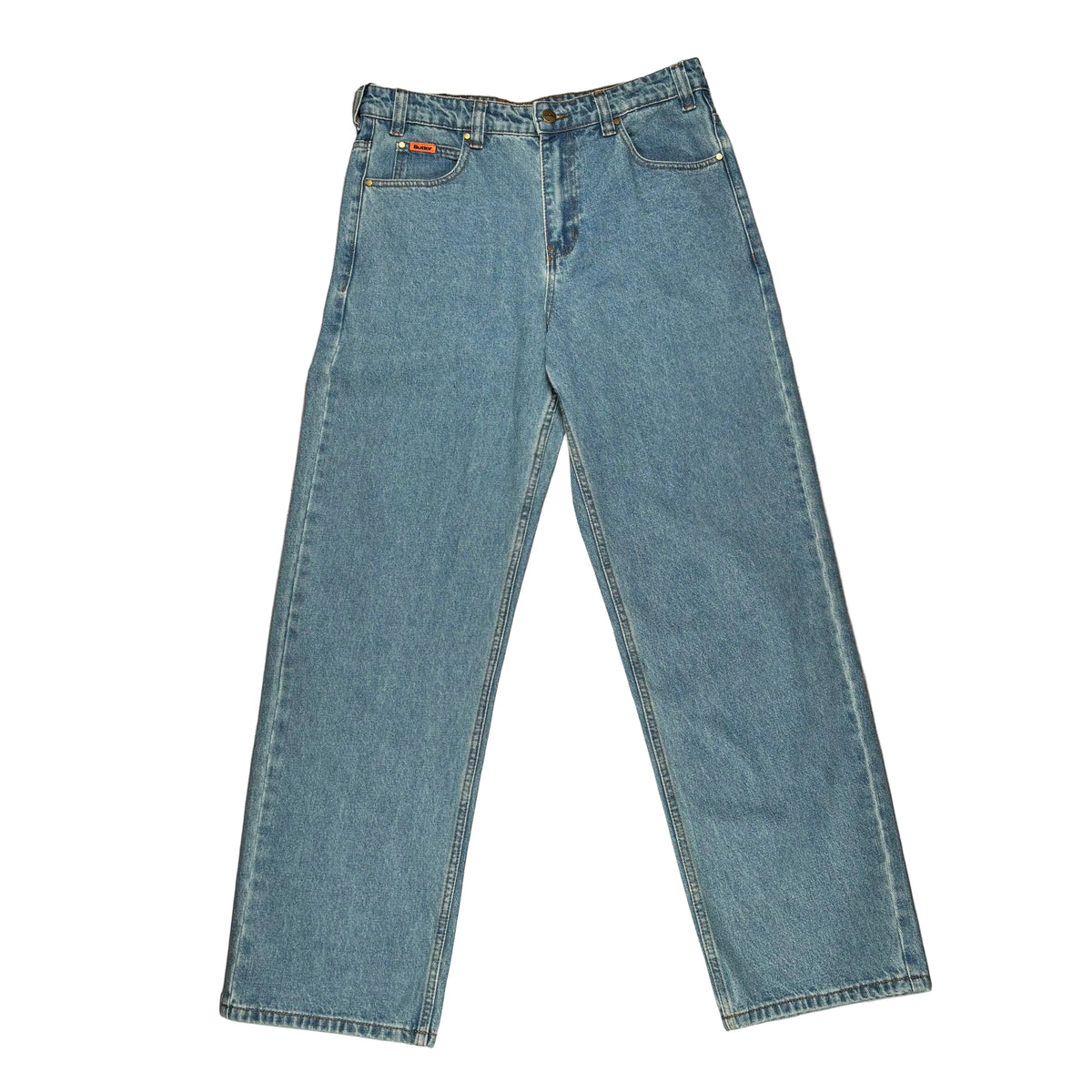 A pair of light blue denim jeans laid flat on a white surface. The jeans have a straight-to-slightly-relaxed leg and standard five-pocket styling.