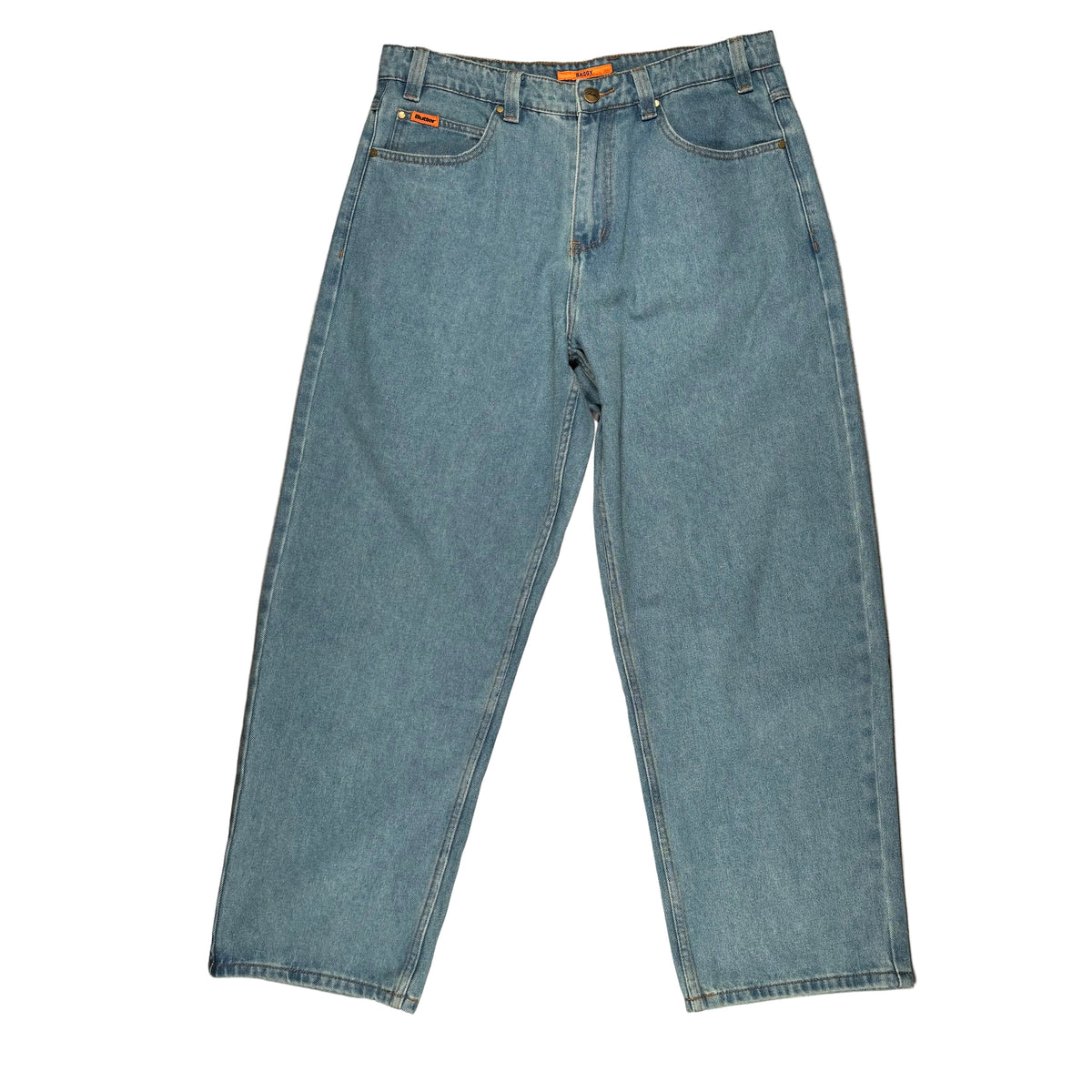 Light blue denim jeans laid flat on a white background.