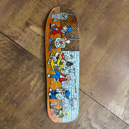 graffiti style board of characters graphic on woodgrain board