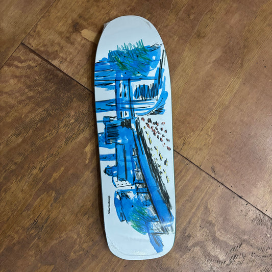 shaped deck with hand drawn style blue graphic 