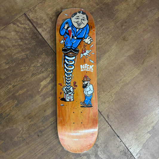 man on spring jumping out of box on woodgrain deck