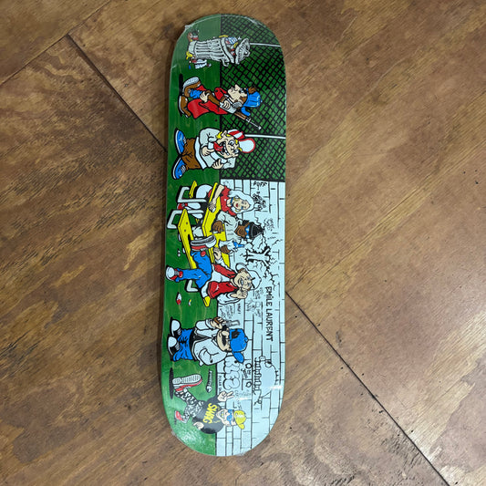 graffiti style board of characters graphic on woodgrain board