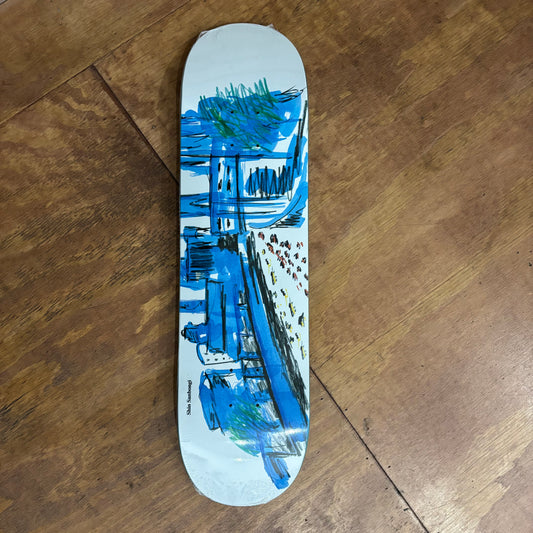 shaped deck with hand drawn style blue graphic 