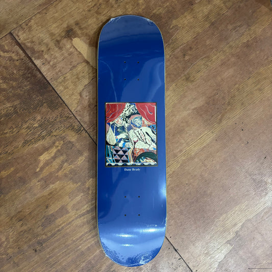 blue background skate deck with watercolor impressionist style graphic on center of deck