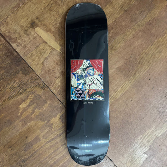 brown background skate deck with watercolor impressionist style graphic on center of deck