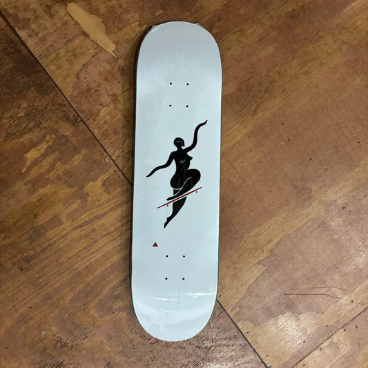 white background skateboard deck with tasteful nude doing a no comply