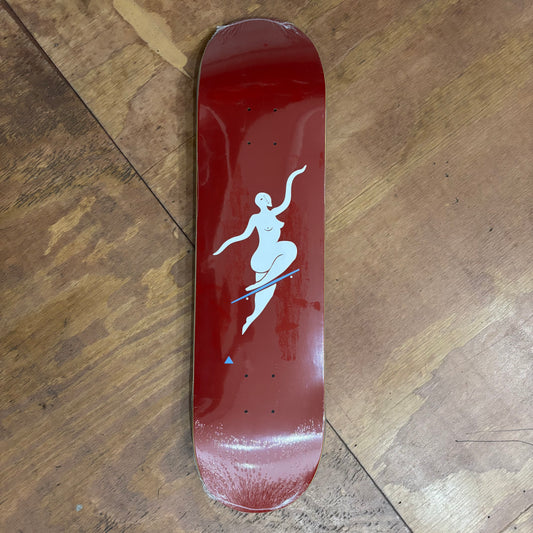 red background deck with tasteful nude doing a no comply