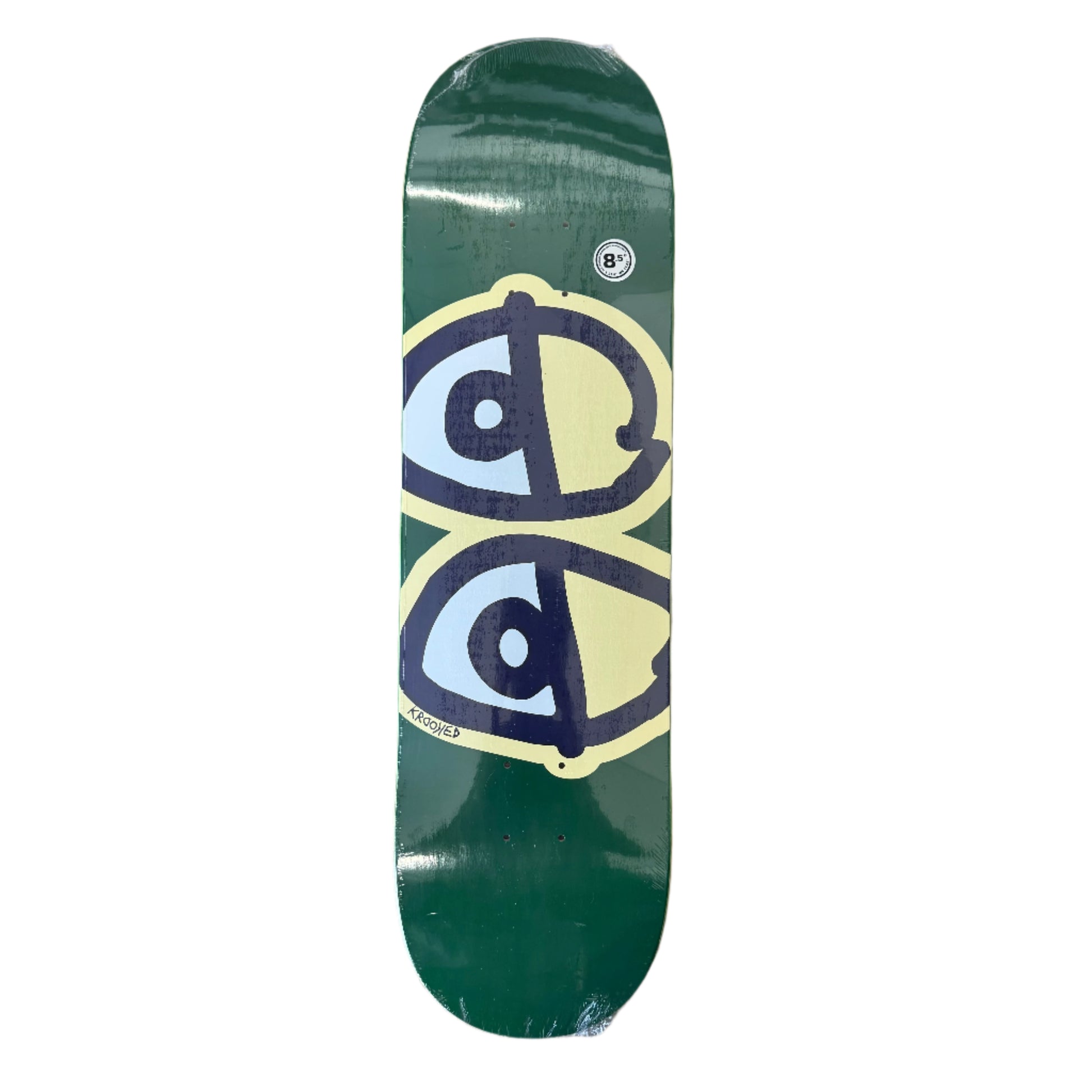 dark green skateboard deck with 2 big eyes in the center of it