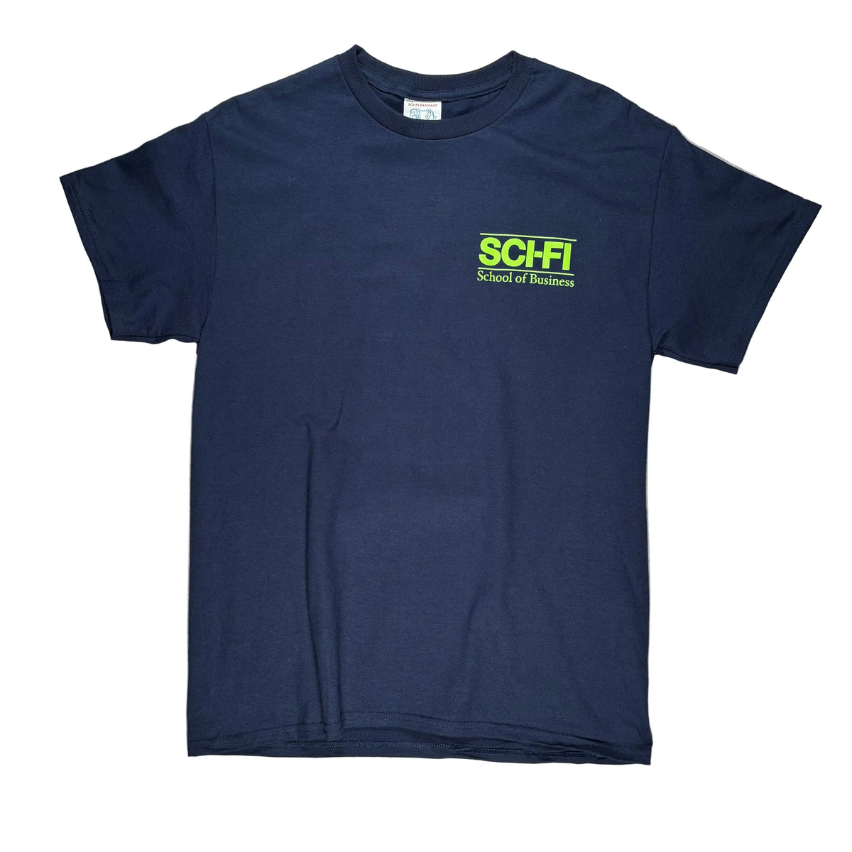 A navy blue short-sleeve t-shirt with a lime green 'SCFI School of Business' logo printed on the left chest, laid flat on a white surface.