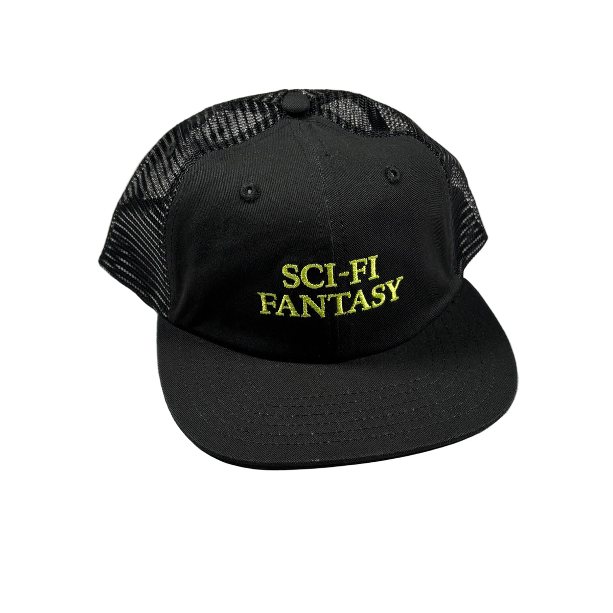 A black trucker-style cap with a flat brim, black mesh back, and yellow embroidered text reading 'SCI-FI FANTASY' on the front, photographed on a white surface.
