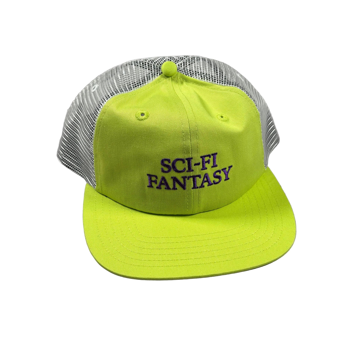 A neon yellow-green trucker cap with a gray mesh back and purple embroidered text reading 'SCI-FI FANTASY' on the front, photographed on a white surface